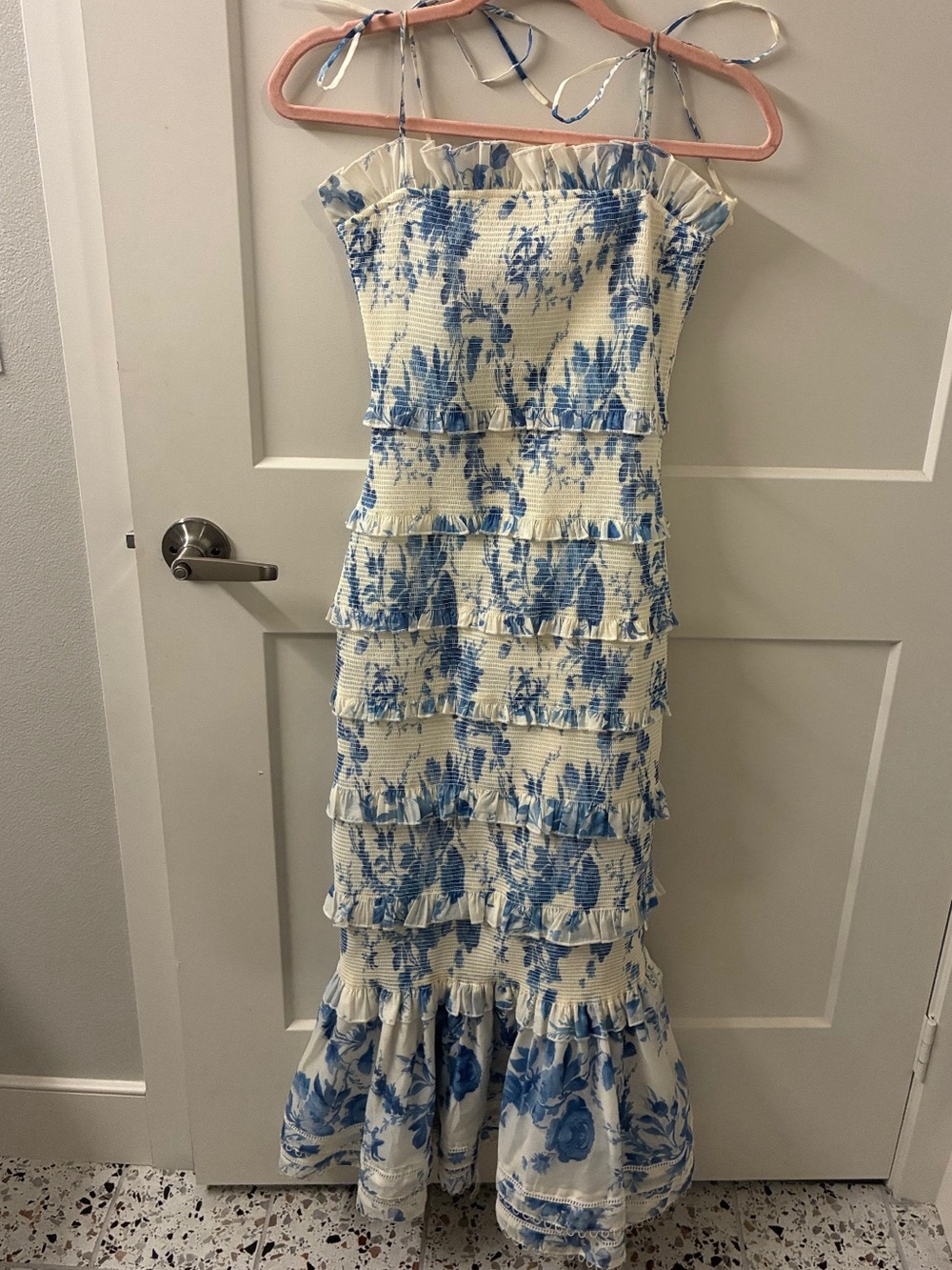 V. Chapman Cream and Blue Floral Tiered Maxi Dress